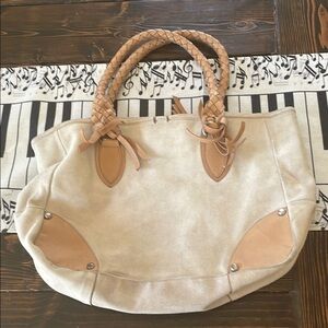 Falor Cream Soft Suede Tan Leather Braided Leather Handles